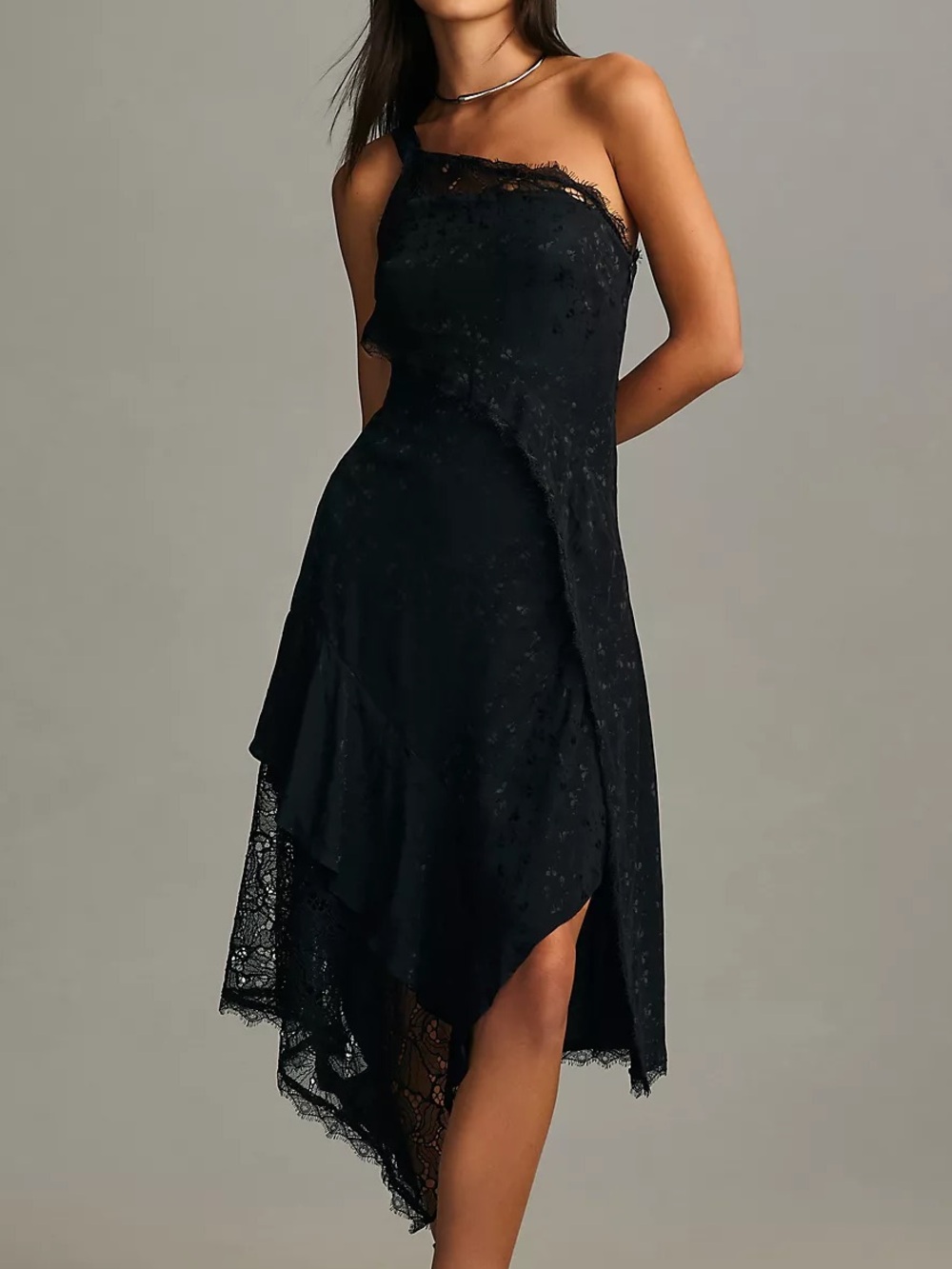Anthropologie Asymmetrical Lace Maxi Dress Black One Shoulder NEW 12 PETITE